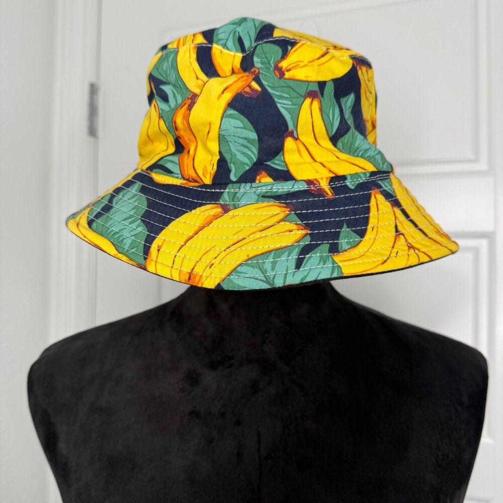 Anna Kaci Reversible Bucket Hat Banana Print Black Summer Festival Sun Cap